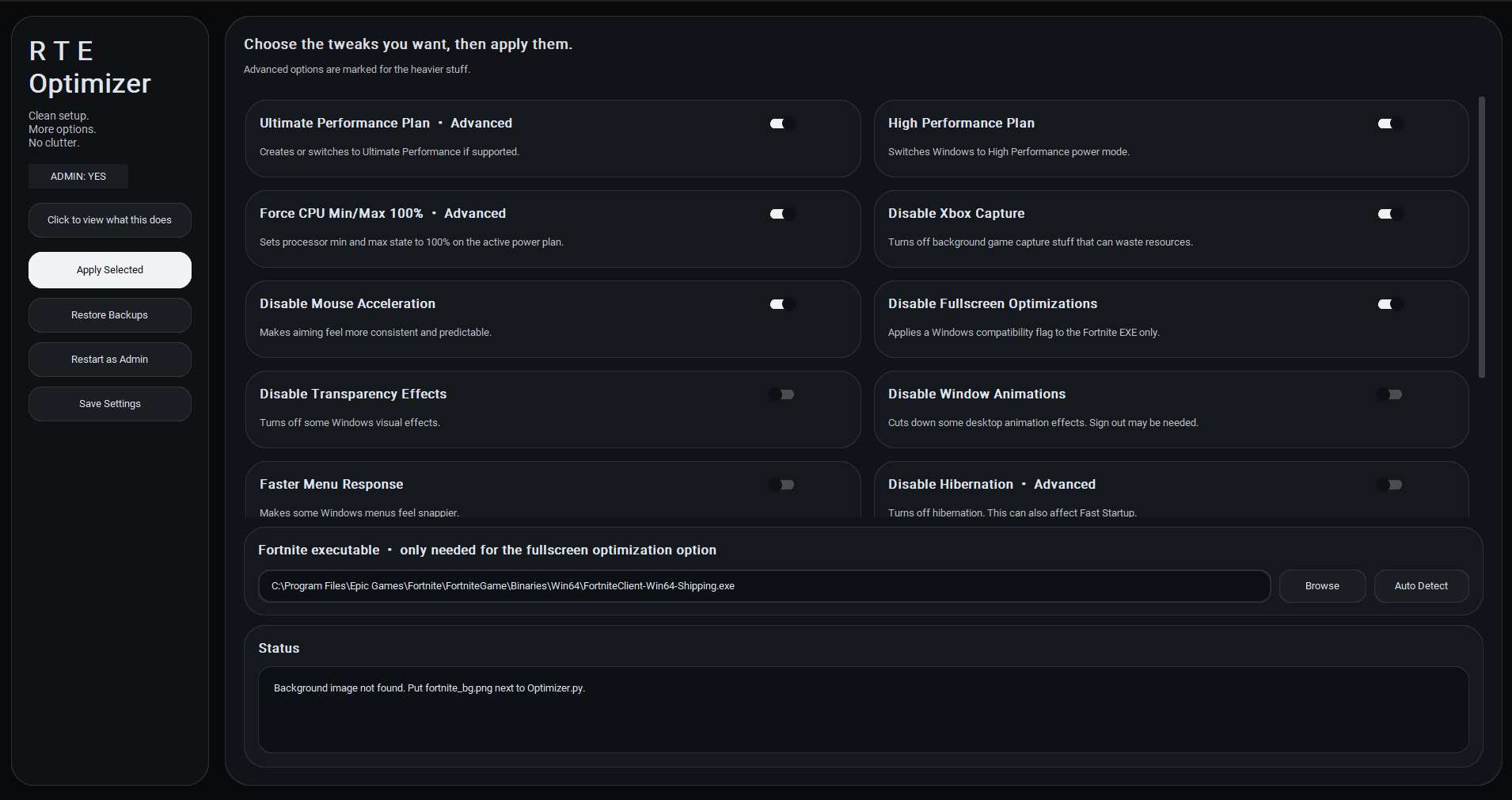 Fortnite Optimizer app interface